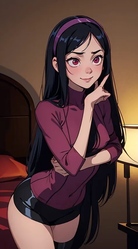 (((masterpiece))), HD 4k res image, no blur, Violet Parr possessed by perverted spirit, horror theme, in a creepy bedroom, night, smile, pleasure face, satisfied, glowing evil red eyes, long black hair, hairband, slender Lolicon body, small breast, h*ntai,...