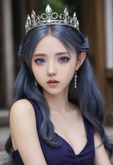 Silver Hair、Big eyes、pupil、A detailed black dress、Genuine、Real、masterpiece、紫のpupil、Elf、beautiful、princess、whole body、city、crown、Inner color is navy blue、Confused eyes、Sad、哀しげ
whole body、Beauty、