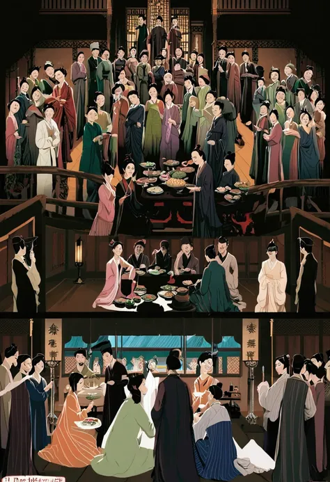 In the Guild Hall in 1920，Many Asian Chinese men and women together，very happy。There are a lot of people，View from top to bottom，Around the chat，lots of food，drink wine。 Happy scene，side，Vision，Small face，