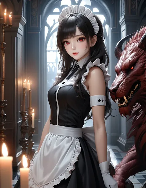 high quality, detailed, Realistic,(25 years old beautiful maid), (detailed dark red eyes), (black long hair),large beasts,(shiny skin),dark night palace corridor, candle,best quality,4k,8k,highres,masterpiece:1.2),ultra-detailed,(realistic,photorealistic,p...