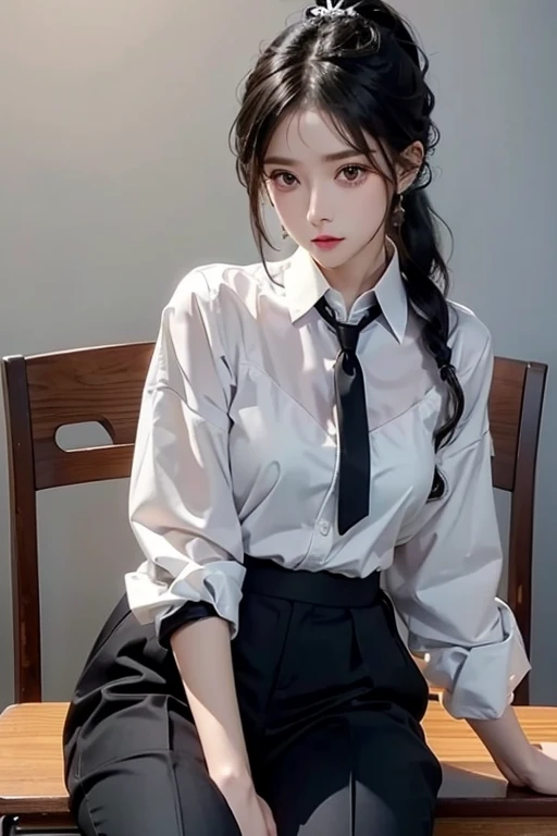 teacher、Black Hair、ponytail、White blouse、Black tie、Black trousers、cool、School、sitting on desk