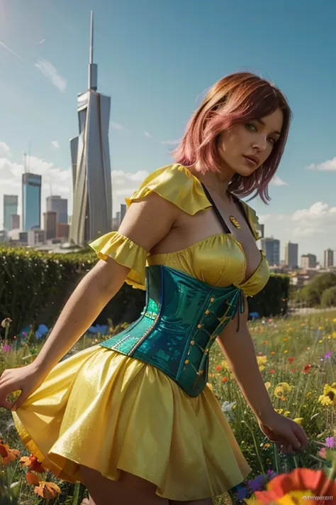 Hyper-realistic digital art, young woman with pink hair on Yellow Brick Road, low angle view. Reimagined Oz-style dress: blue corset bodice, low-cut neckline, mini skirt in sheer layers, ruby-red sequined hem. Curve-hugging silhouette, gauzy sleeves. Giant...