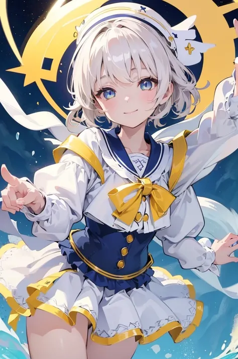 (Highest quality)　(4K)　(8K)　(High resolution)　(masterpiece:1.2)　(Super detailed)　One girl　smile　short hair　witch　The right eye is blue and the left eye is yellow　Long sleeve　Golden decoration　White Background　Hair between the eyes　Closed Mouth　Blue fur　Wav...