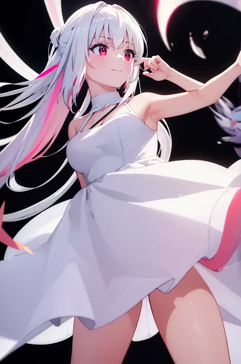 (masterpiece:1.3), (best quality:1.1), (8k, ultra detailed, ultra high res:1.2), ((anime style)), perfect 5 fingers, perfect anatomy, 
1girl,
BREAK long hair, (whiet hair:1.2), 
red eyes, 
medium breasts, white dress, (((((Opalescent dress))))), 
smile, 
l...