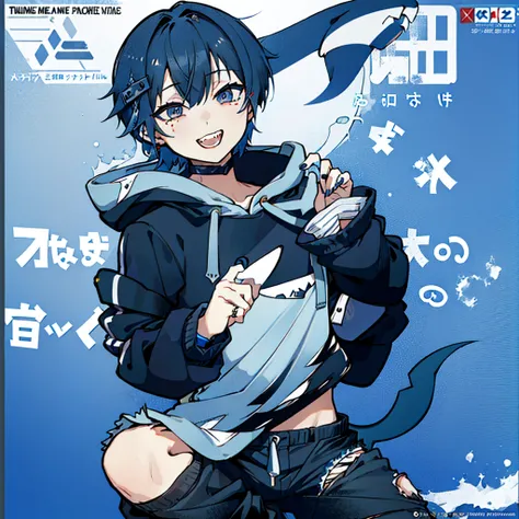 masterpiece, best quality, full body, (1boy), (Wearing a blue shark tail hoodie), (boy smiling shark teeth), (Boy Messy Japanese Round Haircut for Thick Hair), (blue nails), (blue hair), black shorts, ((solo)), (magazine:1.3), (cover-style:1.3), simple  si...