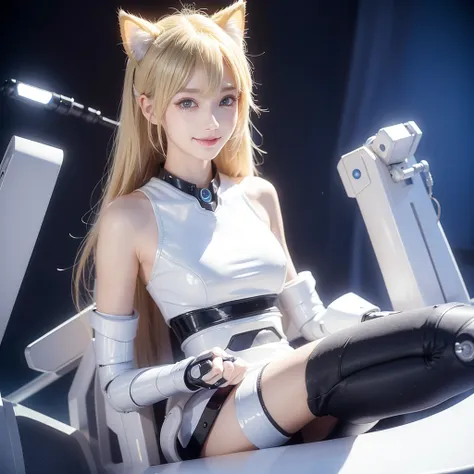 smile、Cat ear、Blonde、Futuristic、Cyber Sense、Fingers in a good pose、Real、フォトReal、High resolution、Robot cockpit。