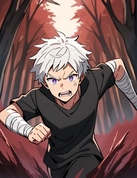 small Greek boy with white hair, violet eyes, wearing a black shirt, with his arms covered in bandages, running desperately from two angry black wolves, with a red forest of dry trees in the background