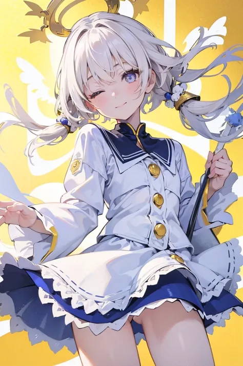 (Highest quality)　(4K)　(8K)　(High resolution)　(masterpiece:1.2)　(Super detailed)　One girl　smile　short hair　witch　The right eye is blue and the left eye is yellow　Long sleeve　Golden decoration　White Background　Hair between the eyes　Closed Mouth　Blue fur　Wav...