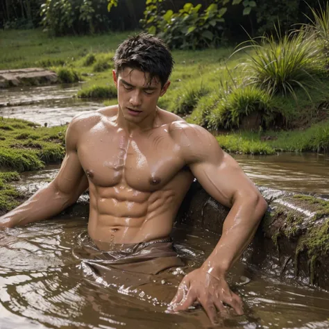 photorealistic,shirtless muscular man, wet body, sinks into a mud pit partially while trying to escape desperately ,