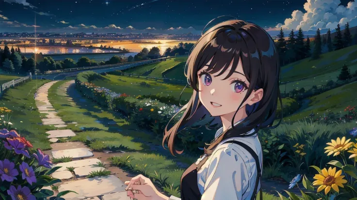 masterpiece,Highest quality,One Girl,The hair color is brown, Eye color: black, smile,countryside,Cityscape,night景,Flowers and plants,scenery,night,Light Perception,soft,