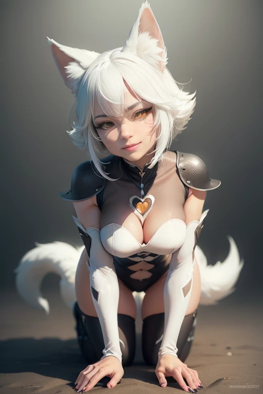 beautiful and detailed portrait of an anthropomorphic vixen ((female))), anthro, female, white fox, high definition, good anatomy, white fur, white body, simple background, blue legwear, legs together, highly detailed face, deep green iris, on knees, blush...