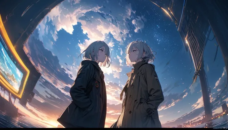 Starry Sky, After the Rain, horizon , In the sky,Lens flare, colorful,coat,Put your hands in your pockets,(student, 18-year-old, ＪＫ, Her short silver hair sways, Pale skin, Lack of eye sparkle) Looking up at the sky, Beautiful sky, There is an ocean,White ...