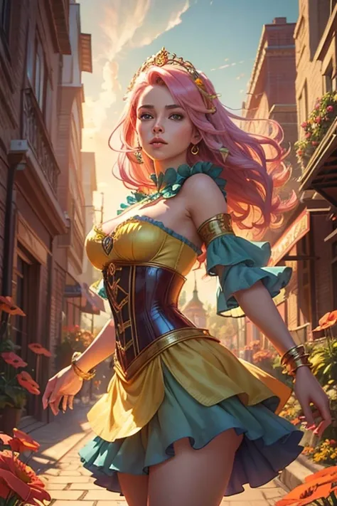 Hyper-realistic digital art, young woman with pink hair on Yellow Brick Road, low angle view. Reimagined Oz-style dress: blue corset bodice, low-cut neckline, mini skirt in sheer layers, ruby-red sequined hem. Curve-hugging silhouette, gauzy sleeves. Giant...