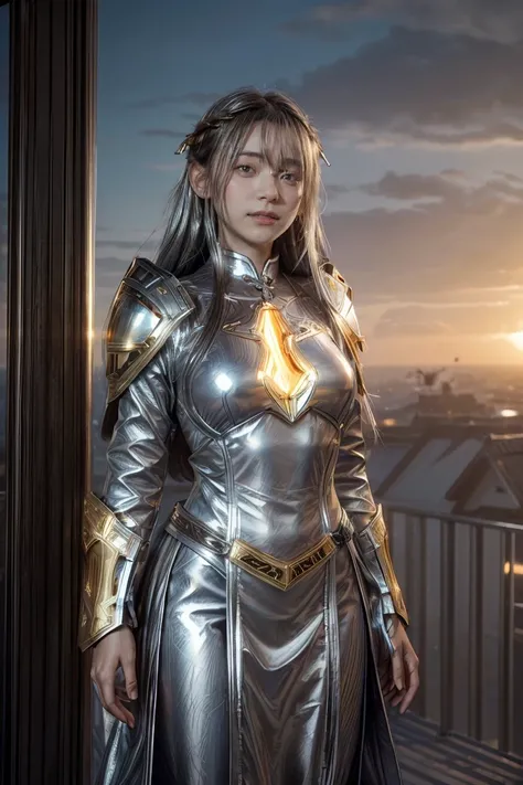 ((masterpiece, best quality, extremely detailed), volumetric lighting, ambient occlusion, colorful, glowing), 1girl, solo, young girl, (dark hair), long hair, halo, aura, sacred, goddess, cleric suit, (silver outfit with gold detailst:1.3), armor, outdoors...