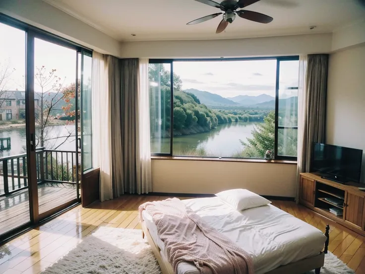 HD photos and pictures。Glass House，Glass House，Large floor-to-ceiling windows，There is a pink bed in the room，curtain，TV set，bookshelf。The wall is glass window， The most important thing in the room is a big bed，The river outside the window, Lakes and lakes...