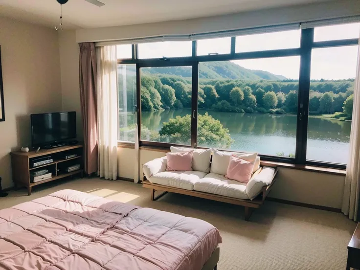 HD photos and pictures。Glass House，Glass House，Large floor-to-ceiling windows，There is a pink bed in the room，curtain，TV set，bookshelf。The wall is glass window， The most important thing in the room is a big bed，The river outside the window, Lakes and lakes...