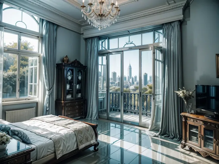 High-resolution images，Glass House，Glass House，Large floor-to-ceiling windows，There is a blue bed in the room，White curtains，TV set，bookshelf。The wall is glass window， The most important thing in the room is a big bed，The window is the villa garden，City sk...