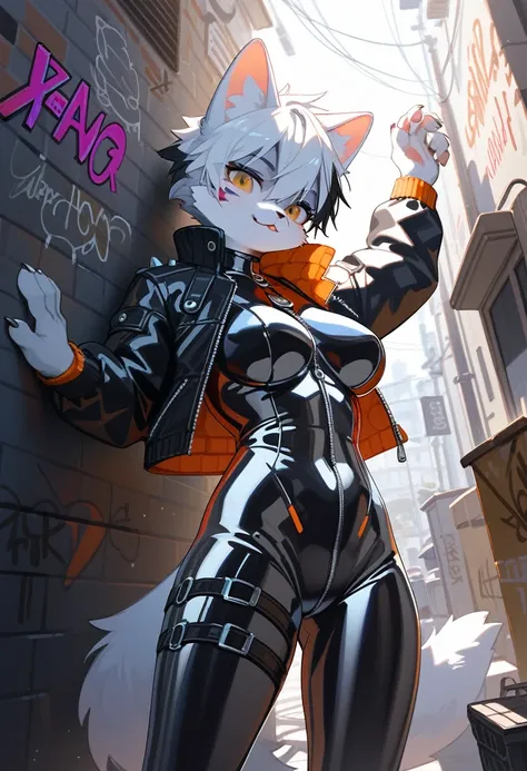 animation, Highest quality, Highest quality, High quality illustrations, masterpiece, Ultra-high resolution, Detailed Background, Alley, Graffiti art on the wall, Absurd, Perfect Anatomy, performance, Good lighting, Shadows in the movies(kemono, Furry Pers...