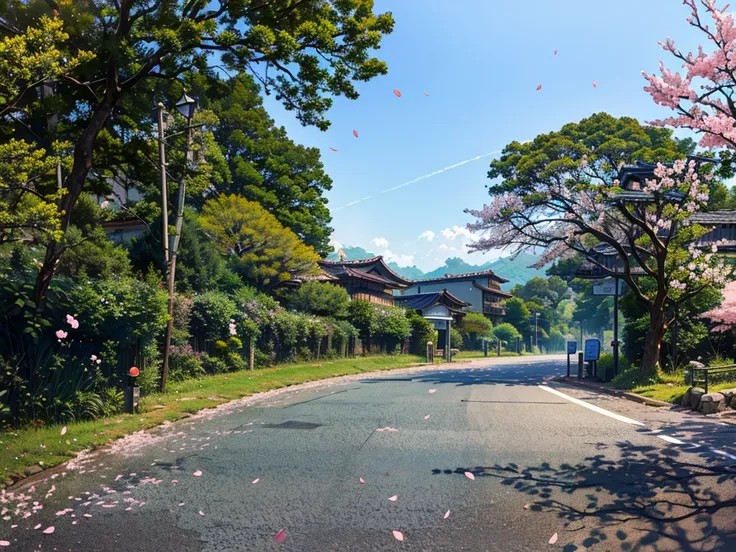 Ghibli style、nature、landscape、sunny、Clear skies、There are no people、morning、cherry blossoms、No buildings