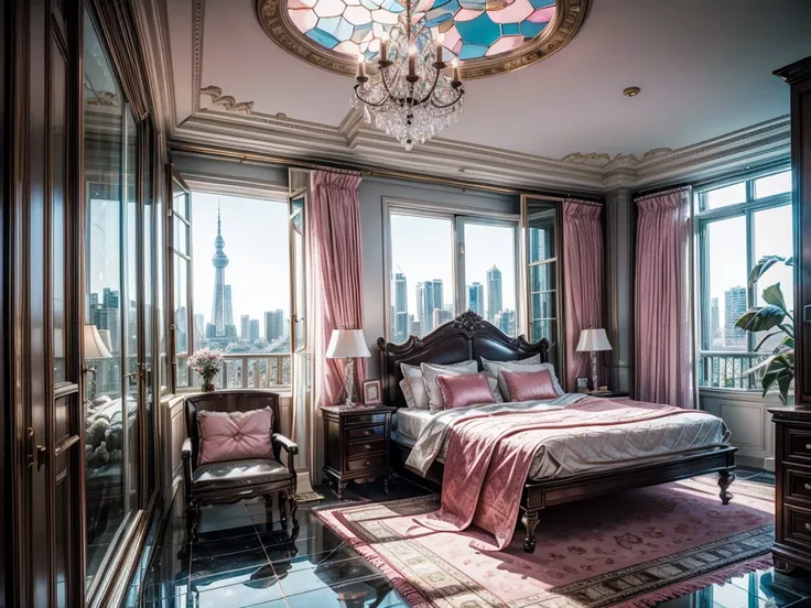 8K HD，9：16 vertical pictures，vertical picture，Glass House，Glass House，Large floor-to-ceiling windows，There is a pink bed in the room，curtain，TV set，bookshelf。The wall is glass window， The most important thing in the room is a big bed，The window is the vill...