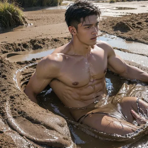 photorealistic,shirtless muscular man, wet body, sinks into a mud pit partially, 