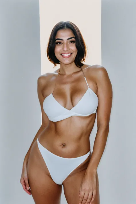 RAW photo,candid photograph, full body,photo of a beautiful,influencer,30yo Iranian woman,detailed skin,laughing,naked, looking at viewer, thick body structure,white background,no background, candid pose,blue light, film grain, kodak color, instagram LUT