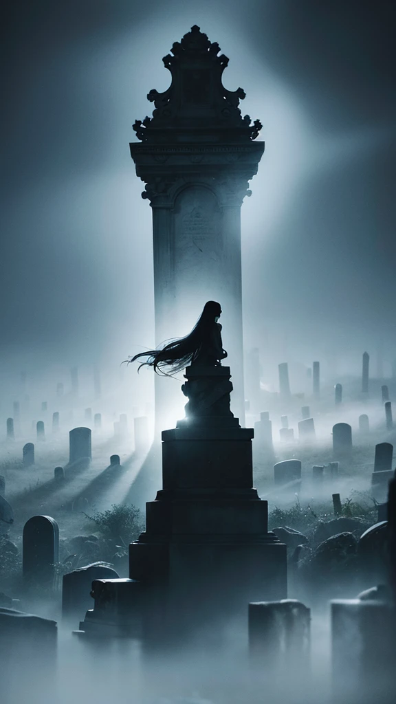 Design a hauntingly beautiful artwork featuring a mist-filled graveyard against an abstract background of light, a ghostlystyle 1girl floating figure, translucent form and ethereal presence, solo, detailed glowing eyes, dark eerie lighting effects casting ...