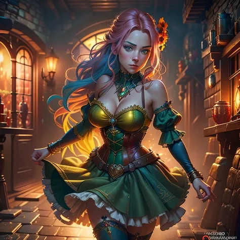 Hyper-realistic digital art, young woman with pink hair on Yellow Brick Road, low angle view. Reimagined Oz-style dress: blue corset bodice, low-cut neckline, mini skirt in sheer layers, ruby-red sequined hem. Curve-hugging silhouette, gauzy sleeves. Giant...