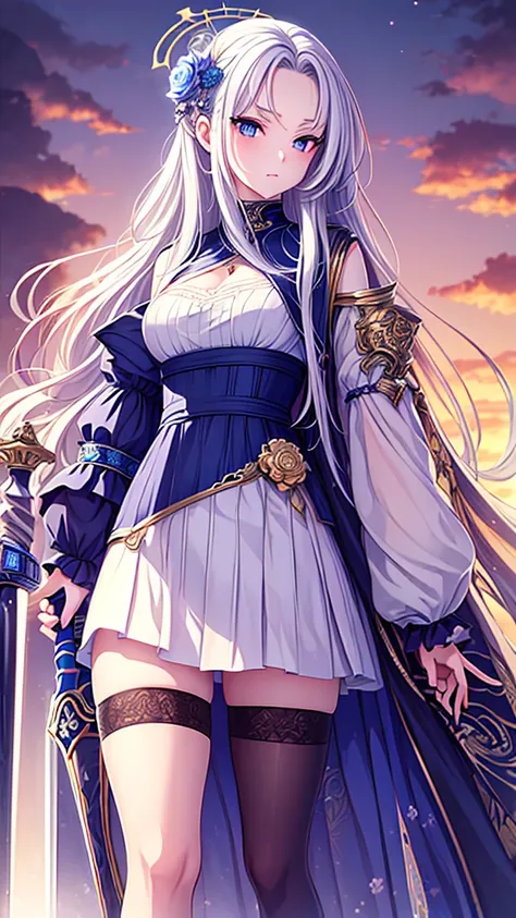 ((best quality)), ((masterpiece)), (detailed), une fille, visage parfait, Longhaire, ((golden hair)), curly hair, decorated cheveux, ultramarine blue eyes,(

Name: Kakusei Suzumu Riritsu
Element: Aquasca
Description: A skilled and elegant warrior, wielding...