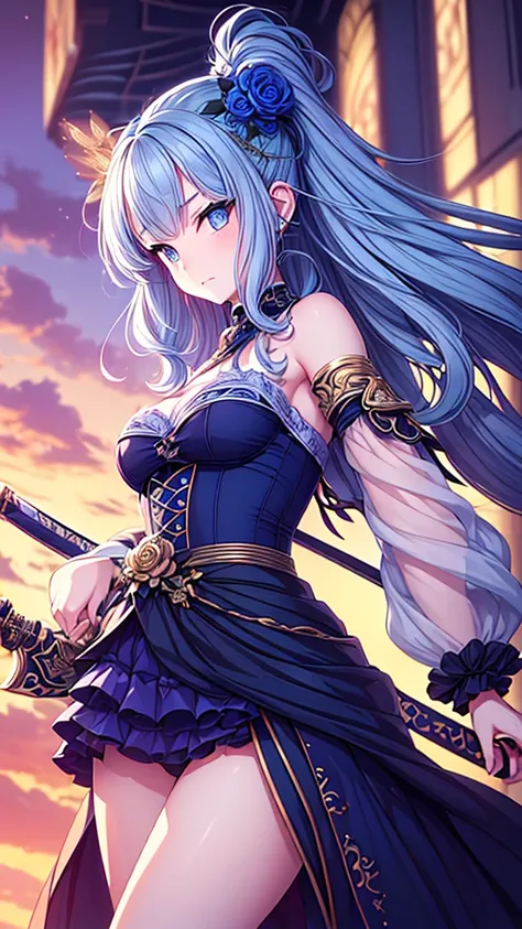 ((best quality)), ((masterpiece)), (detailed), une fille, visage parfait, Longhaire, ((golden hair)), curly hair, decorated cheveux, ultramarine blue eyes,(

Name: Kakusei Suzumu Riritsu
Element: Aquasca
Description: A skilled and elegant warrior, wielding...