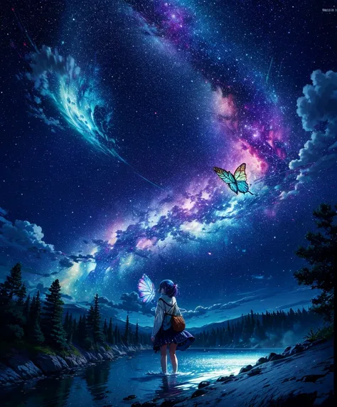 Cute Girl Characters、Iridescent grass々Draw a butterfly flying over water, Look up at the starry sky. Surrounded by colorful nebulae and colorful forests.