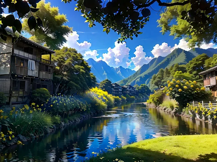 8K HD quality，garden，river，forest，Takayama，Blue sky and white clouds，很多river, lake, rivers，And the mountains，Rural housing，Yellow roses are all over the mountains，Black roses everywhere，Black Rose Garden，Patches of black roses