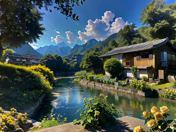 8K HD quality，garden，river，forest，Takayama，Blue sky and white clouds，很多river, lake, rivers，And the mountains，Rural housing，Yellow roses are all over the mountains，Black roses everywhere，Black Rose Garden，Patches of black roses