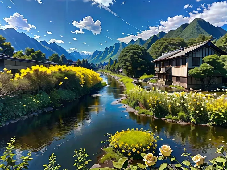 8K HD quality，garden，river，forest，Takayama，Blue sky and white clouds，很多river, lake, rivers，And the mountains，Rural housing，Yellow roses are all over the mountains，Black roses everywhere，Black Rose Garden，Patches of black roses