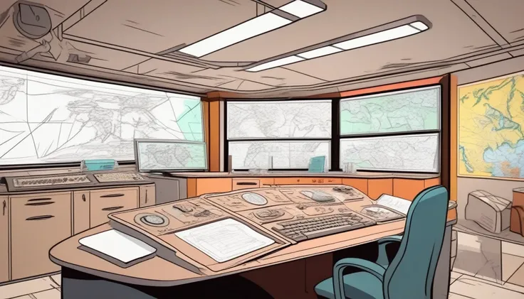 Cartoon style, drawing with black lines and colored, command center, a war room in 1950.