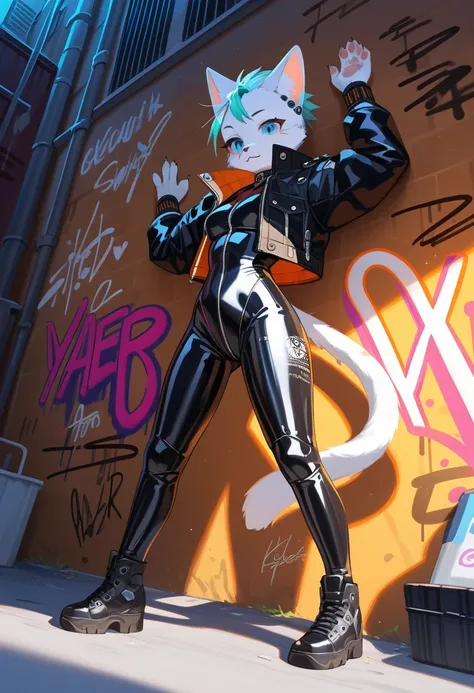 animation, Highest quality, Highest quality, High quality illustrations, masterpiece, Ultra-high resolution, Detailed Background, Alley, Graffiti art on the wall, Absurd, Perfect Anatomy, performance, Good lighting, Shadows in the movies(kemono, Furry Pers...