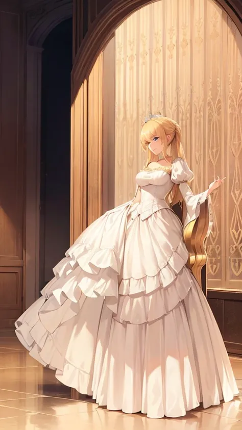 ((fullbody)) a regal blonde woman, clad in a white and yellow dress, stands in a royal chamber at night. her blue eyes gleam mis...