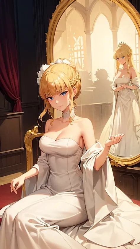 ((fullbody)) a regal blonde woman, clad in a white and yellow dress, stands in a royal chamber at night. her blue eyes gleam mis...