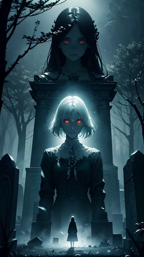 Design a hauntingly beautiful artwork featuring a mist-filled graveyard against an abstract background of light, a ghostlystyle 1girl floating figure, translucent form and ethereal presence, solo, detailed glowing eyes, dark eerie lighting effects casting ...