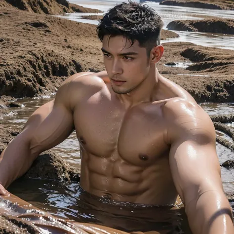 photorealistic,shirtless muscular man, wet body, half body in mud pit, 