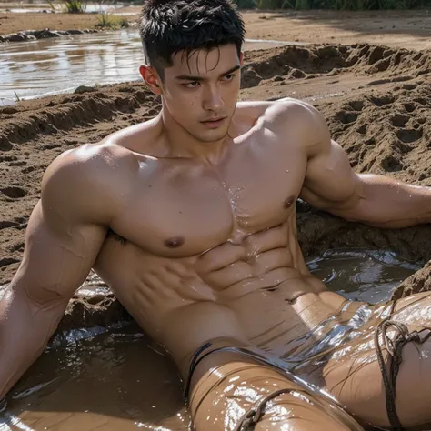 photorealistic,shirtless muscular man, wet body, half body in mud pit, 