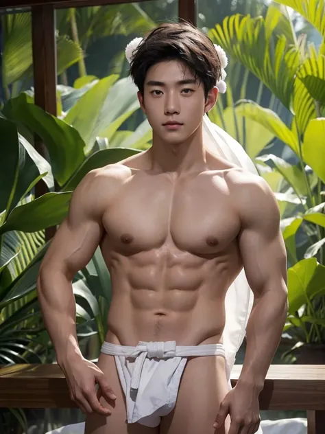 a naked man, fundoshi, White loin cloth、Rice dumplings on the head、sushi、Completely naked、shirtless , realistic handsome Korean face , modest muscles , masterpiece、A high resolution、Hyperrealism、detailed face、独奏、a men、glowing skin、(ASİAN)、(young、teenager)、...