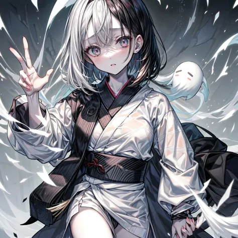 1 Girl,ghostの少女,Black Hair,White Mesh,masutepiece:1.2,Medium Long,２One,Center parted bangs,Black Eye,Droopy eyes,White yukata,funeral attire,White robes,beautiful girl,14 years old,cool,Fair skin,Pale skin,Black and White,ghost,rough