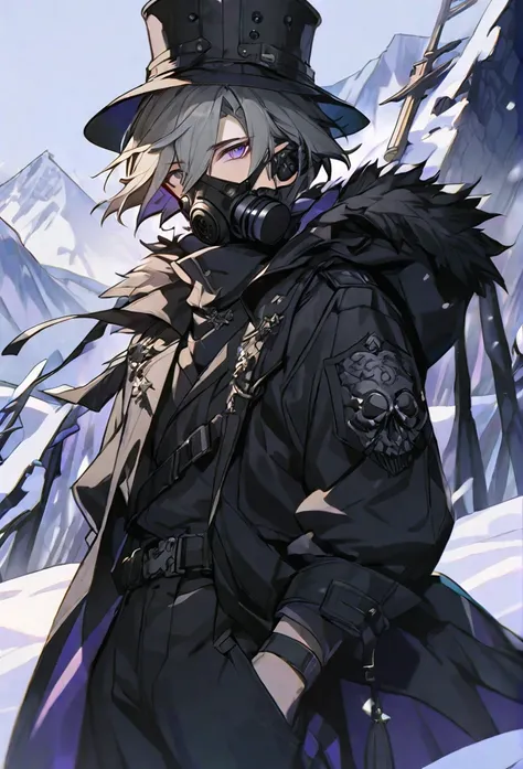 solo, handsome, 1 male, short hair, gray hair, purple eyes, black coat, black plague gas mask, black gloves, black top hat,background snow mountain