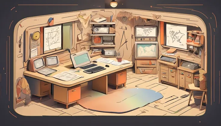 cartoon style, drawing with black lines and colored, command center, a war room in 1950.