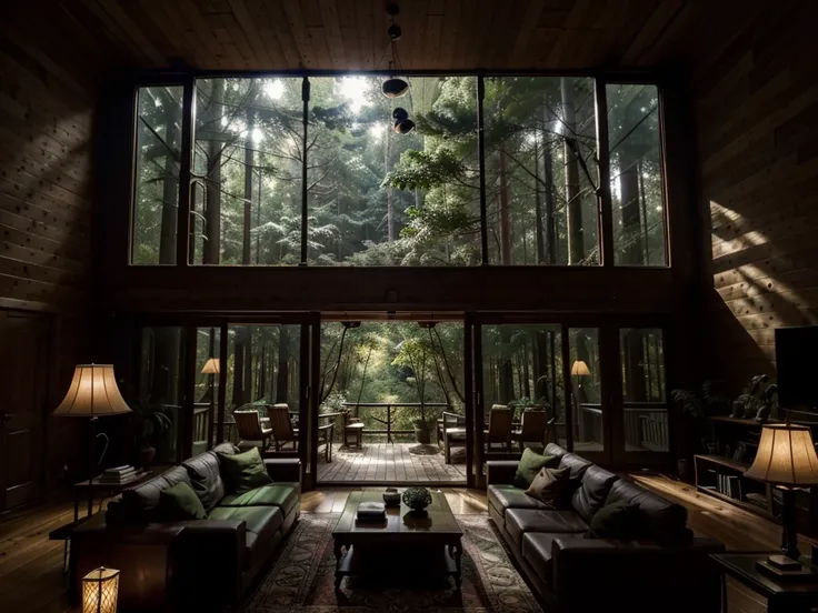 The double-height living room of the Forest House，Large floor-to-ceiling windows. It was dark outside，Dense trees cover the.. The living room is decorated with a bed and lamps that illuminate the room. Darker color palette，Green, Bringing the feeling of wi...