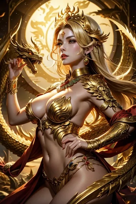 Golden Dragon、woman、Wraps around the body、goddess、　dragon、mystery、