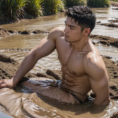 photorealistic,shirtless muscular man, wet body, half body in mud pit, 