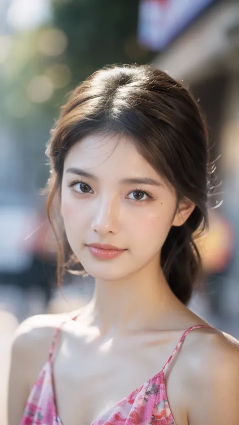 ((Best quality, 8K, masterpiece:1.3))，1girl，18 years old，Asian，Real texture:1.3，(Background blur:1.1)，Dress Up，Tall and slender figure:1.2，(Hot summer weather)，（street:1.3），Highly detailed face and skin textures，Exquisite eyes，Long eyelashes，Double eyelids...