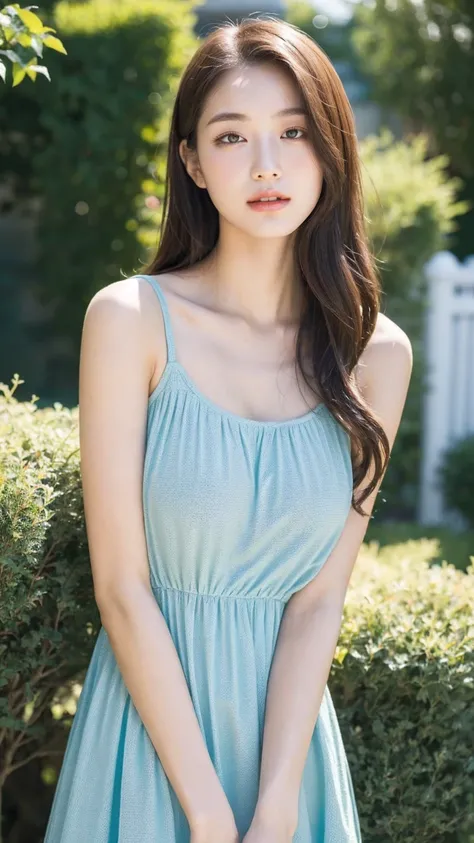 ((Best quality, 8K, masterpiece:1.3))，1girl，18 years old，Asian，Real texture:1.3，(Background blur:1.3)，Dress Up，Tall and slender figure:1.2，(Hot summer weather)，（garden:1.3），Highly detailed face and skin textures，Exquisite eyes，Long eyelashes，Double eyelids...